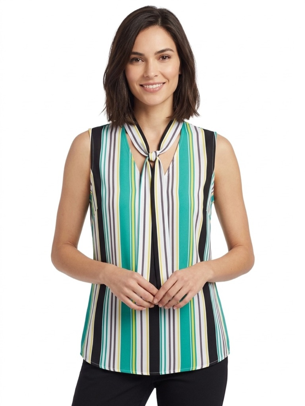 Nine West NWOT Teal, Black & White Striped Sleeveless Tie-Neck Top